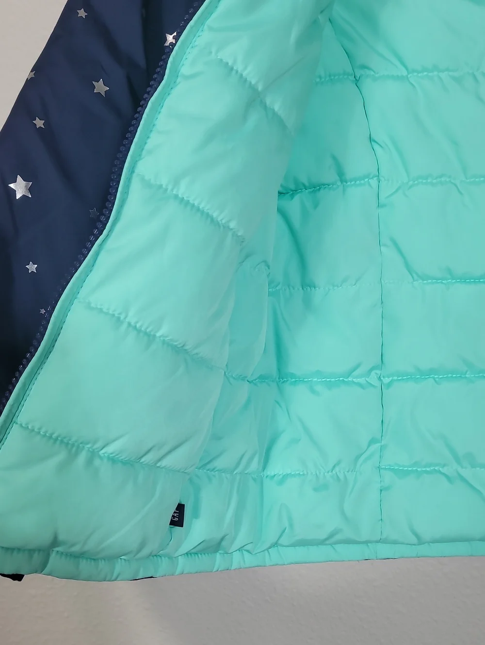 Gap Girls Reversible Puffer Jacket Size Medium 8 Navy Stars Teal Winter Kids